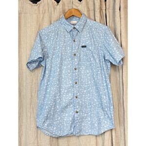 Columbia Mens Blue Camping Print Cotton Short Sleeve Button Up Shirt XM8259 S